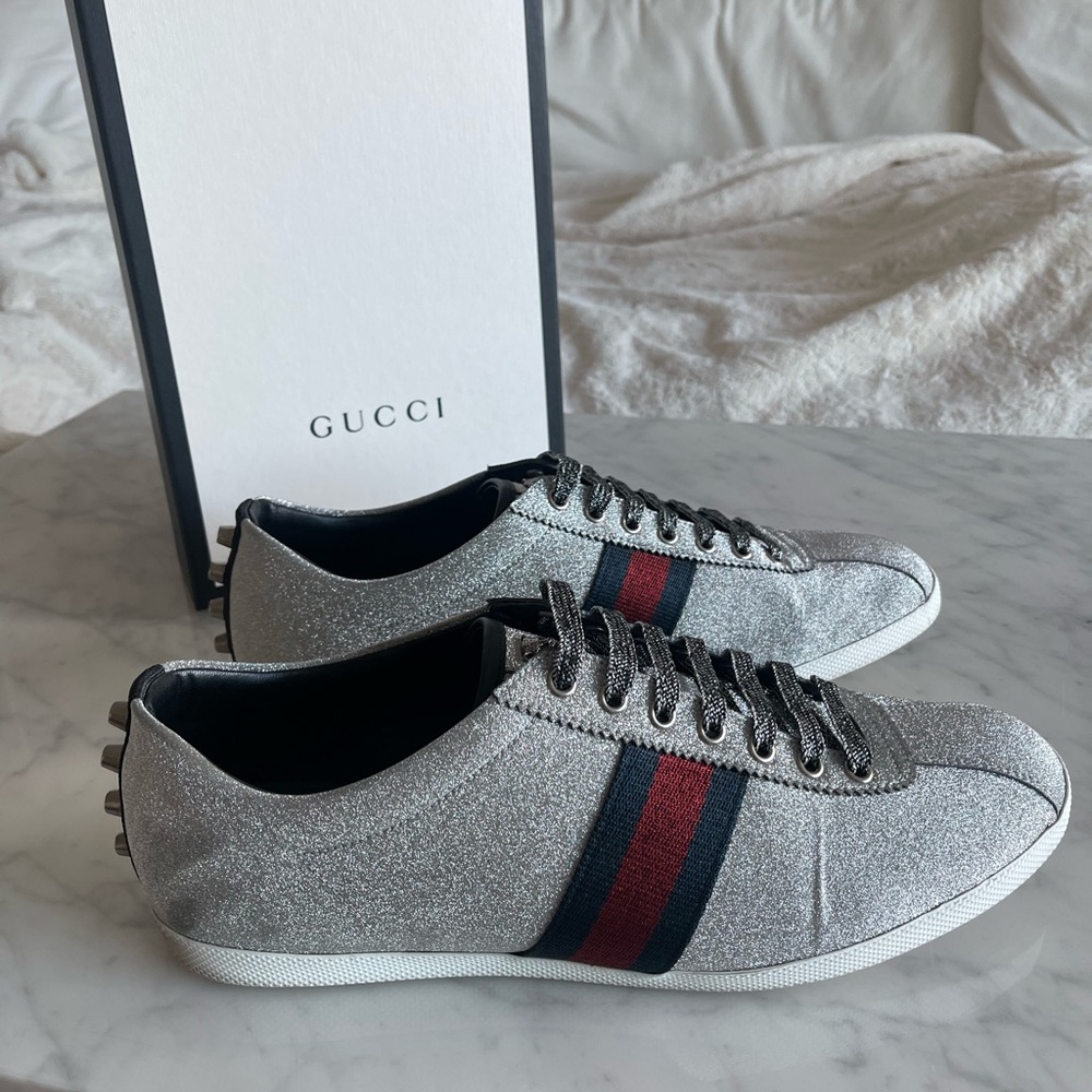 Gucci Glitter Silver Sneakers “Bambi” with Red and Blue Stripe